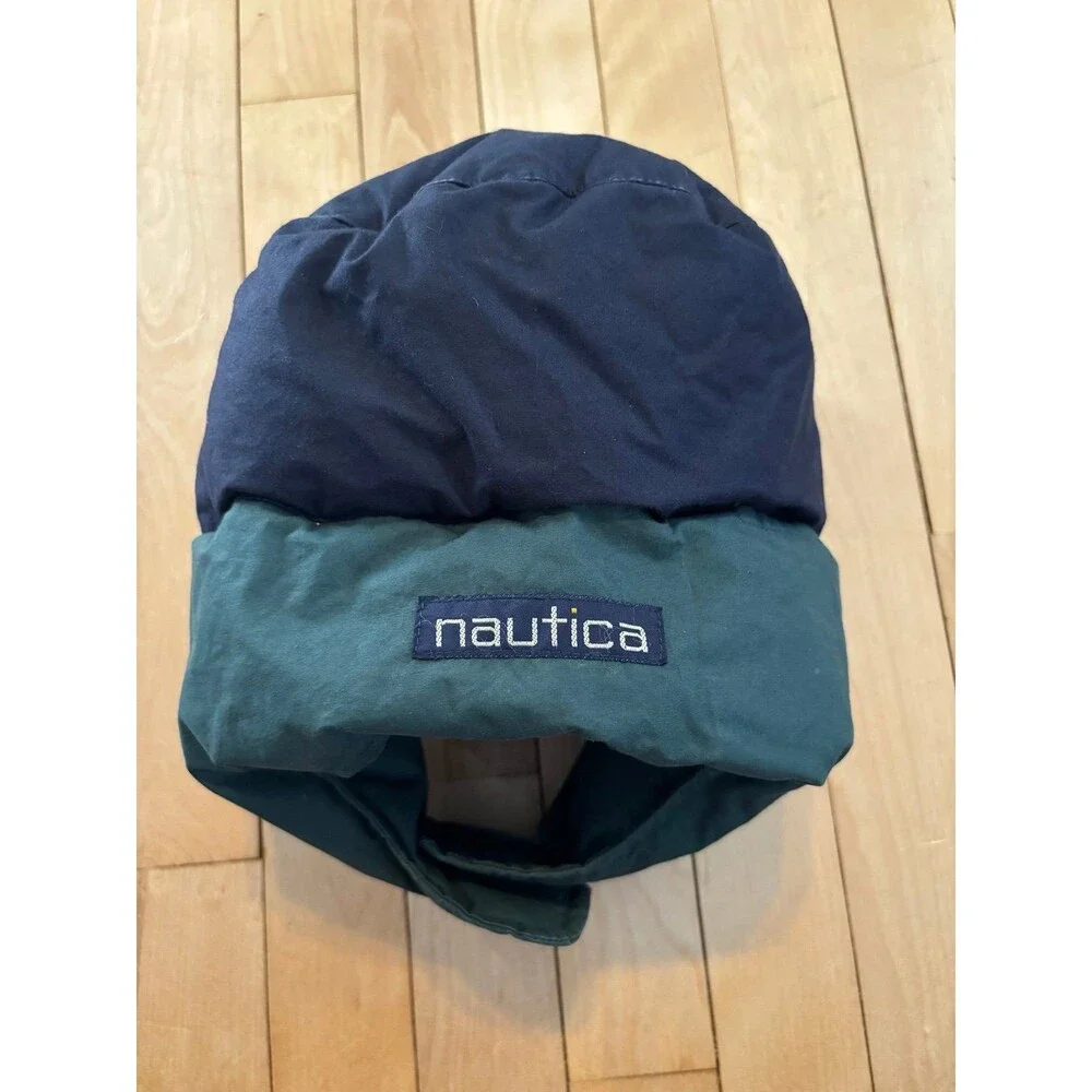Nautica vintage goose down trapper winter hat reversible color block chin strap